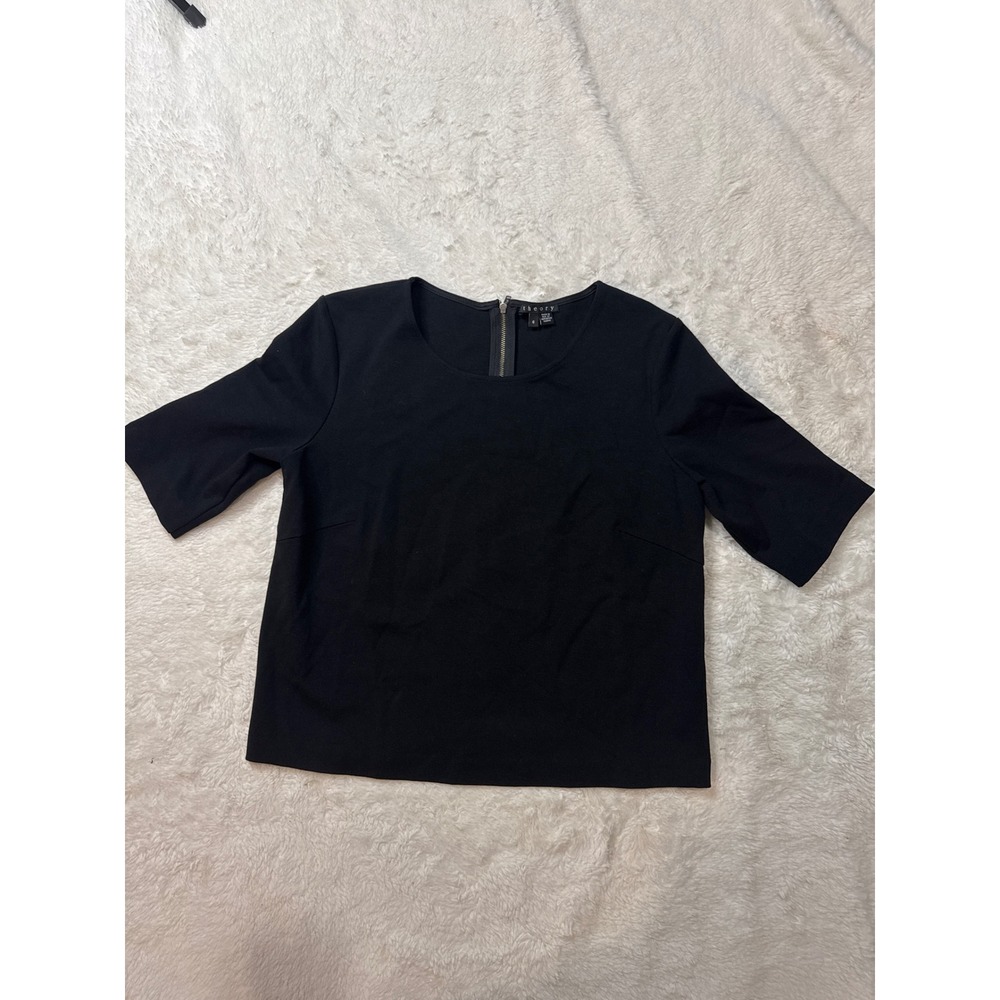 Theory Blouse Womens 6 Black Excellent Exposed Back Zip Short Sleeve Scoop Neck